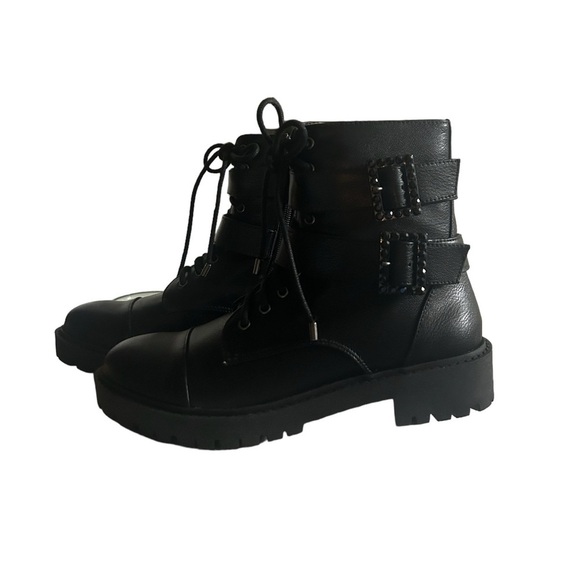 NIB JESSICA SIMPSON BLACK KERINA BUCKLE LACE UP BOOTS - Picture 3 of 9